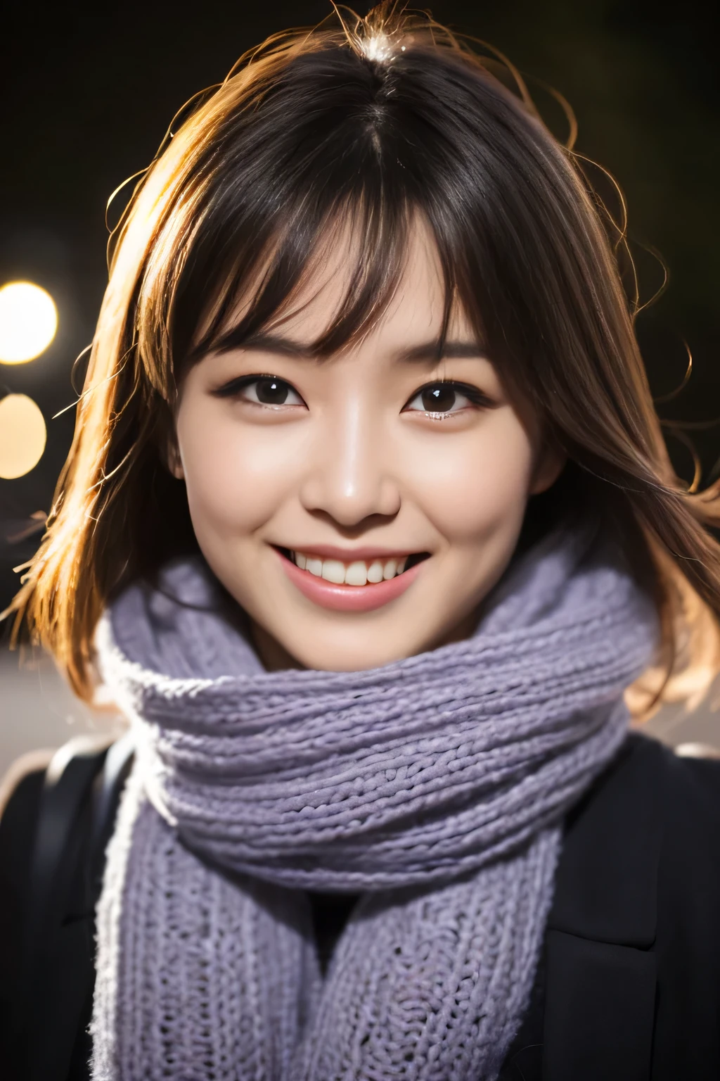 ((no makeup、best smile:1.2))、(realistic、Photoreal、Super detailed、best detailed skins、highest quality、masterpiece、ultra high resolution)、cute japanese woman、、high school girl、young girl、1 girl、have bangs、double eyelid、drooling eyes、Japanese style face、purity、double teeth、realistic肌タイプ、thick muffler、Grey muffler、fluffy hair、((hair is inside the scarf:1.3))、red cheeks、the wind is blowing、that'It's snowing、night、illumination、Light is coming in from behind