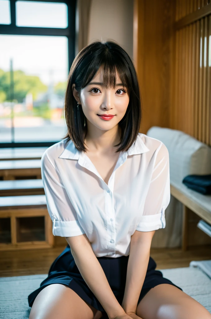 (8K、highest quality、master piece:1.2)、(realistic、フォトrealistic:1.2)（super detail、High resolution）black business suit、OL、grinning、Alafor Women、Chiho、iwakura lain、クローズアップiwakura lain、short hair、Shiori Teshirogi、Yui Kotegawa、princess cut、40 years old、Black-haired Sui Ishida、Reon Iwakura、Beautiful woman - well-groomed face、The outline of pubic hair is clear、(small breasts)、High resolution、very detailed、highest quality、[masterpiece:1.6]、very detailed、nffsw 、Fine、highest quality、、movie lighting、1 person、Cute Japan Woman、perfect body shape、、Cute droopy eyes and beautiful big eyes、Super beauty、highest quality、masterpiece、majicMIX Real、(Raw photo:1.2)、( フォトrealistic:1.4)、、(sit with your knees bent))（Spread your legs in an M shape and show your panties）（hold one&#39;s knees）（Exposed luxury underwear）（Medically correct body）（school classroom、By the window、A view of the schoolyard from the window、sunset）Negative Prompts