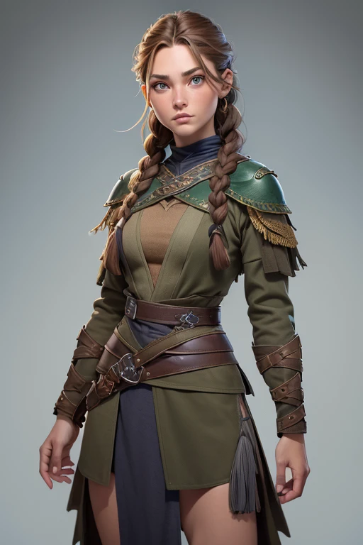 (Obra maestra, La mejor calidad) (young warrior woman of nordic descent), (ojos verdes), (Muscular), (falda de piel), (brown hair color),(loose hair with small braids on the scalp), (top con correa de cuero) plumas, capa sobre el hombro, bufas, (azul, gray and brown suit).