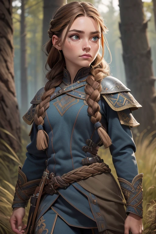 (Obra maestra, La mejor calidad) (young warrior woman of nordic descent), (ojos verdes), (Muscular), (falda de piel), (brown hair color),(loose hair with small braids on the scalp), (top con correa de cuero) plumas, capa sobre el hombro, bufas, (azul, gray and brown suit).