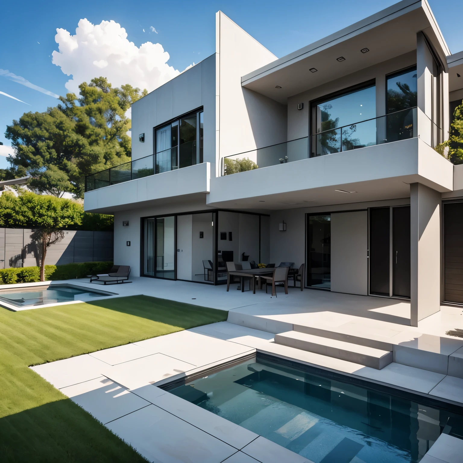 color photo of a modern and minimalist grey-colored Midcentury home. The house exudes an elegant and sophisticated vibe with its sleek lines, clean design, and neutral color palette. The exterior of the home is painted in a beautiful shade of grey, which perfectly complements the surrounding landscape. Large windows allow an abundance of natural light to flood the interior, creating a bright and airy atmosphere. The architectural details, such as the flat roof, angular shapes, and minimalistic landscaping, add to the overall contemporary aesthetic of the house. This grey Midcentury home stands as a timeless masterpiece, blending seamlessly with its surroundings.