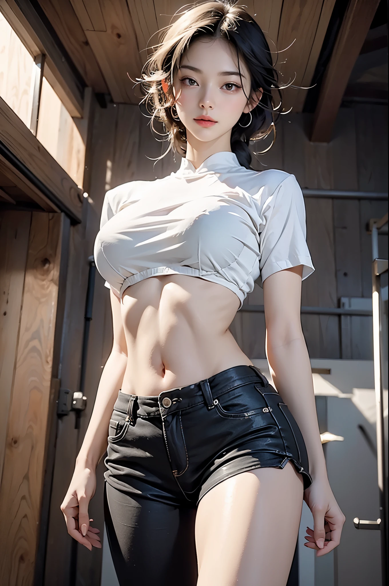 best quality, masterpiece, high resolution, 8k, (actual: 1.4), Ultra high resolution, 1 girl, Super detailed, 超Reality主义, Highly detailed CG illustrations, official art, Light, Reality, young beautiful girl, Perfect body, Perfect body, full view, Perfect body, (start from below: 1.3), mask, posture, Sexy long legs, confident, Beautiful and sexy, Gray short sleeves, open belly, Black super shorts, S-shaped body, upturned buttocks, hypothesis, 摆posture, Different perspectives,((huge breasts))