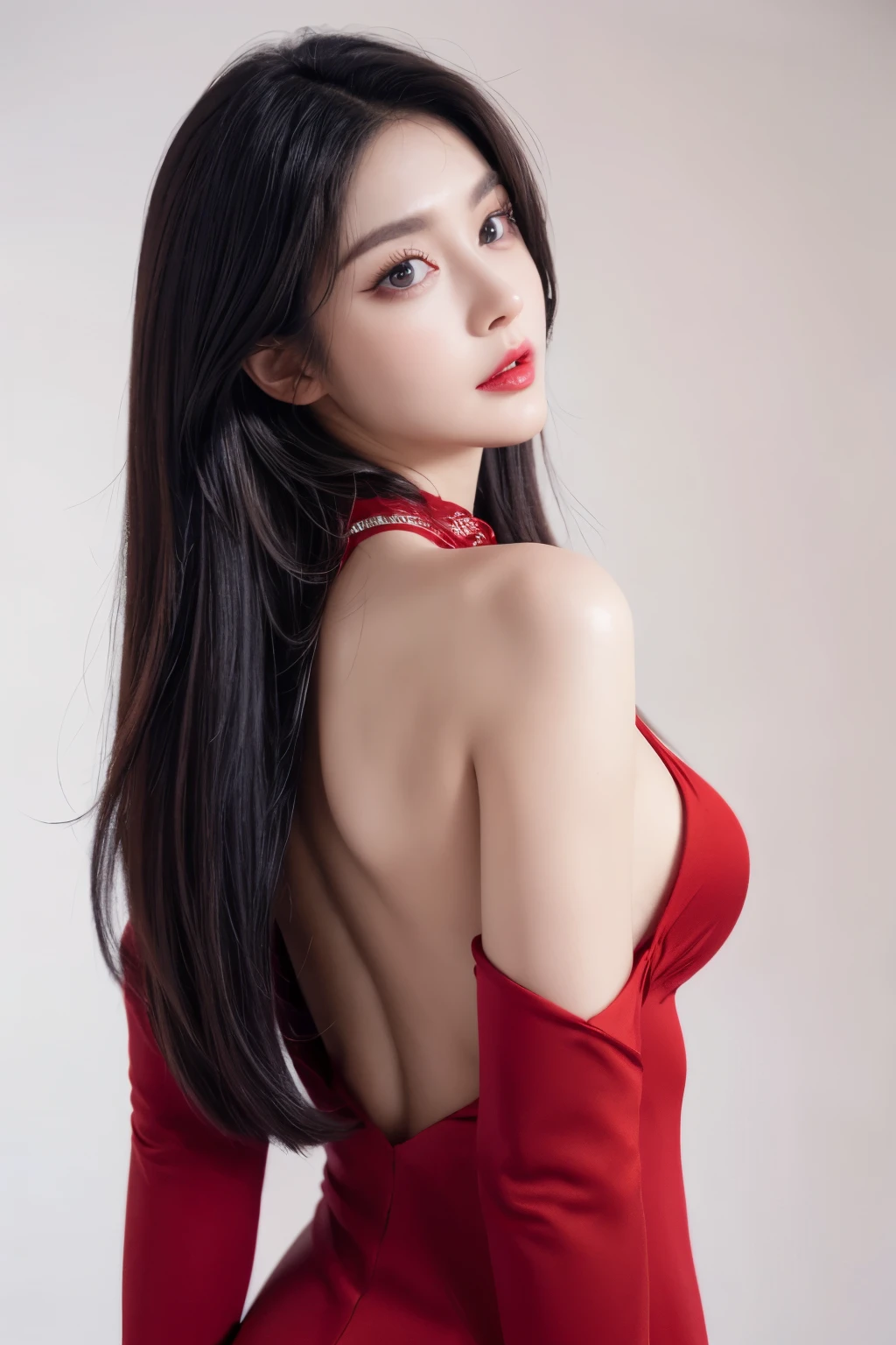 a woman, beautiful, amazing face and eyes, cosmetic, red glossy lips, (backlessoutfit),(Extremely detailed beautiful face),(best quality), (Super detailed), (Extremely detailed CG unified 8k wallpaper),original photo, Professional photography, (standing), (White background),(black hair),(big eyes),(Soft light source),(A little cleavage),