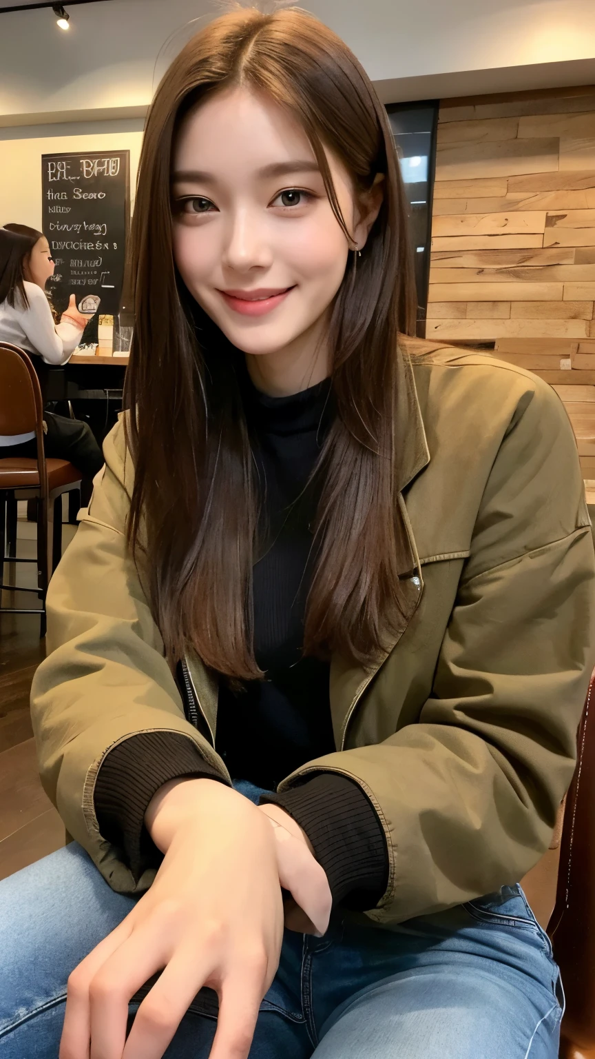 (realistic, High resolution:1.2), 1 girl, very detailed face and eyes, long light brown hair, Tight black knit and casual jacket, jeans, sitting on coffee chair, at the cafe, coffee on the table, small breasts、quite thin、slim、slender、smile gently