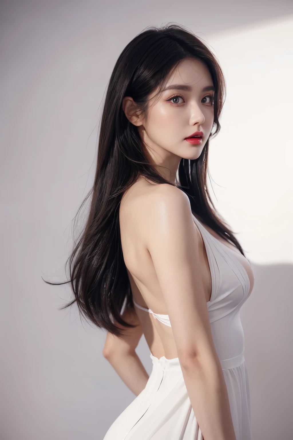 a woman, beautiful, amazing face and eyes, cosmetic, red glossy lips, (backlessoutfit),(Extremely detailed beautiful face),(best quality), (Super detailed), (Extremely detailed CG unified 8k wallpaper),original photo, Professional photography, (standing), (White background),(black hair),(big eyes),(Soft light source),(A little cleavage),