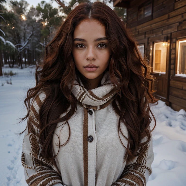 Brazilian brown skin woman curly long red hair mid 20s girl, fit, staring at the viewer, realistic wearing winter clothes somewhere in the Southwest of the UnitedStates, glowing , intense, solodramatic lightinasterpiece:1.2), best quality, high resolution, beautiful detailed, extremely detailed, perfect lighting
