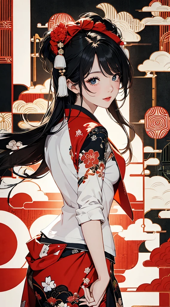 ((Extremely detailed CG unit 8k wallpaper, ​Masterpiece, high resolution, top quality, top qualityのリアルテクスチャスキン)), ((a very beautiful woman, plump lips, An ecstatic expression on his face, upper part of body, hands in pockets:1.5, Japanese style short outer box, Japanese pattern super mini shorts)), (disheveled black hair, white skinned, small), ((Colored background design, Japanese pattern background, warm color)), Surreal, number,