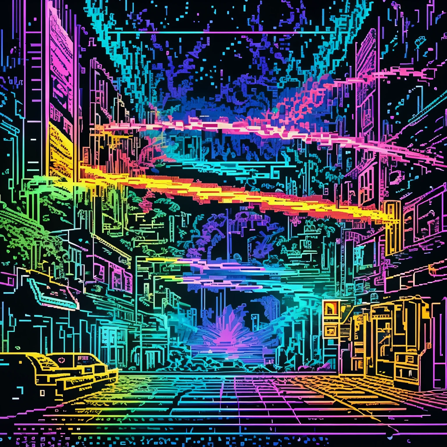 Pixel art, vaporwave aesthetics, artwork, a collection of heritage that was popular in the past but no longer exists, beta video tapes, cassette metal tapes, word processors, personal computers, Famicom, etc, uneven, uneven, unnatural, past and present, digital, art, galaxy, rainbow colors neon line light, image processing with mysterious effects
