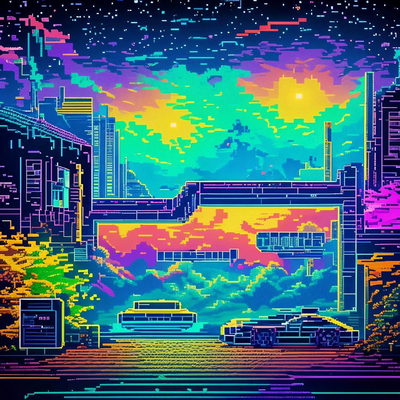 Pixel art, vaporwave aesthetics, artwork, a collection of heritage that was popular in the past but no longer exists, beta video tapes, cassette metal tapes, word processors, personal computers, Famicom, etc, uneven, uneven, unnatural, past and present, digital, art, galaxy, rainbow colors neon line light, image processing with mysterious effects