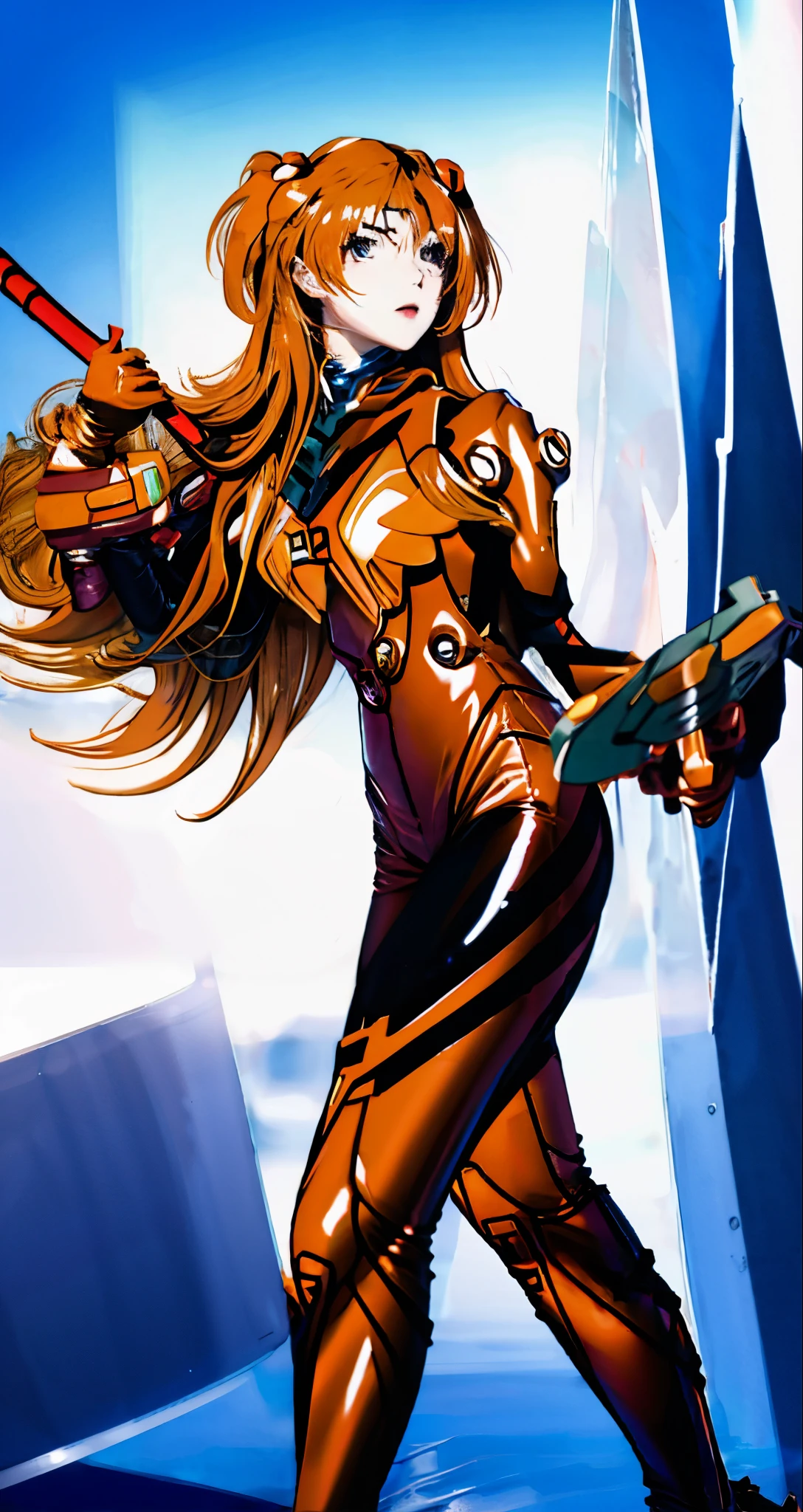 melhor qualidade, obra de arte, realista, photorealista, 1 garota, olhando para o espectador, corpo todo, standing, Cabelo longo, Orihime Cosplay costume, Cosplay, Plugsuit, May, enfeite de cabelo, fundo detalhado, na rua, noite, Luz