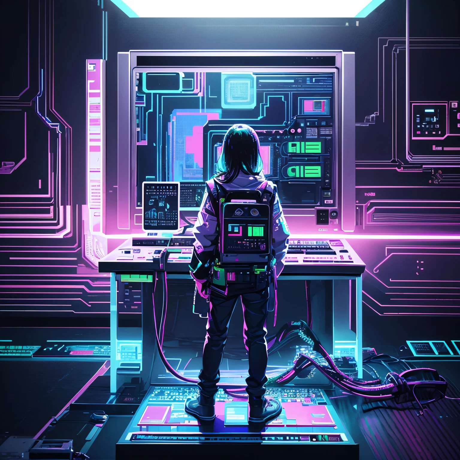 Pixel art, vaporwave aesthetics, artwork, a collection of heritage that was popular in the past but no longer exists, beta video tapes, cassette metal tapes, word processors, personal computers, Famicom, etc, uneven, uneven, unnatural, past and present, digital, art, galaxy, rainbow colors neon line light, image processing with mysterious effects, cyberpunk