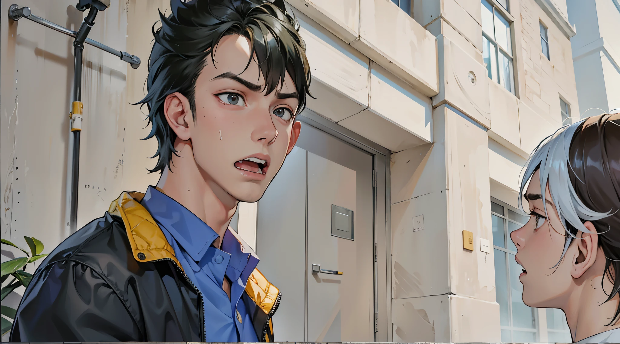He is upset, angry and yells at the other to leave. There are two 14-year-old boys, one in front of the other, asking him to leave. 