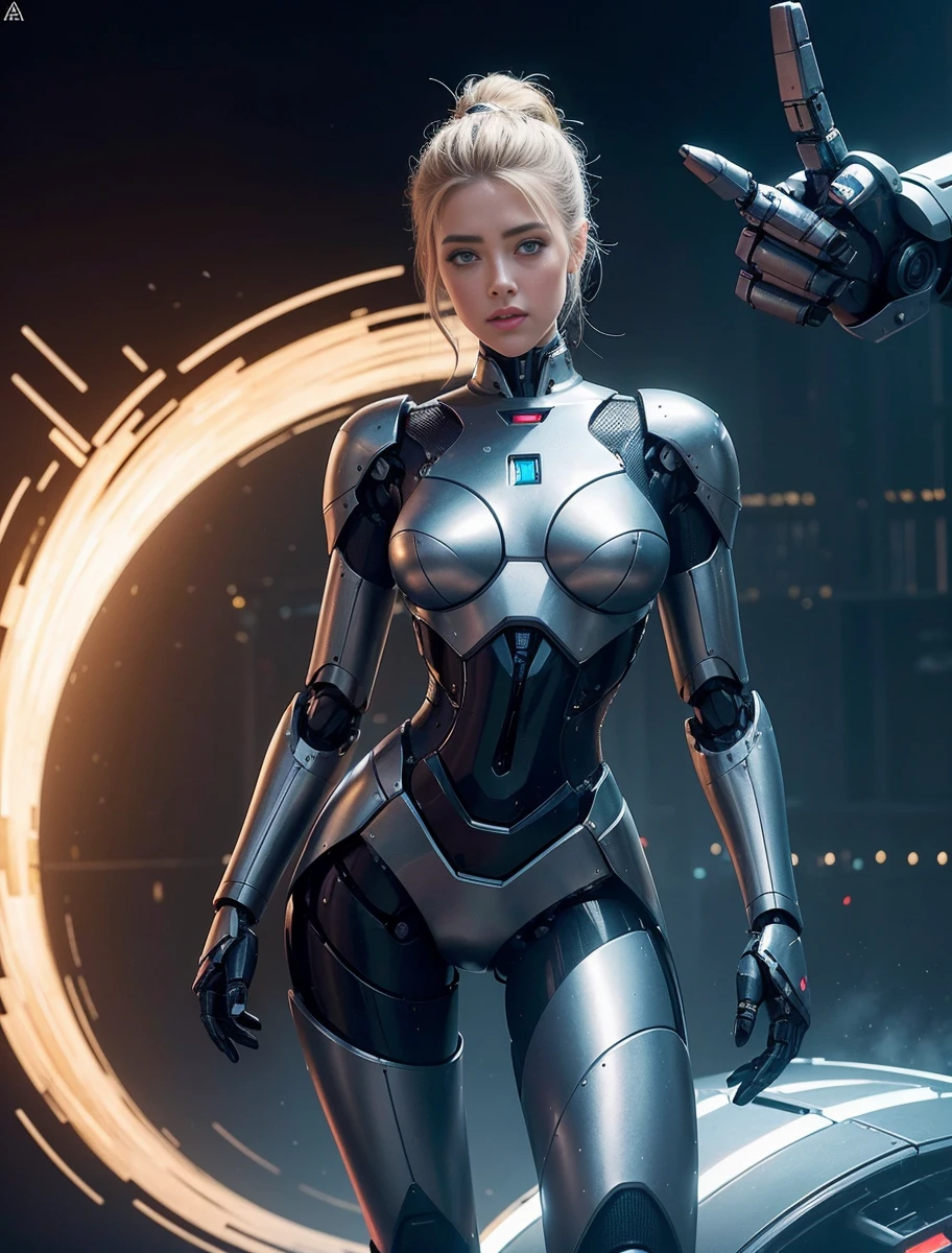 (Ultra High Definition Image Fidelity :1.2),Realista,alta calidad, movie light, cuerpo completo, AMBER HEARD, 28 years, preciosa mujer rubia europea, (se para frente a un robot de guerra gigante:1.3),ella viste un TRAJE DE ROBOCOP NEGRO CON PLATEADO y CASCO, flirt with the camera, LINDA POSE ELEGANTE, PORTA UN ARMA