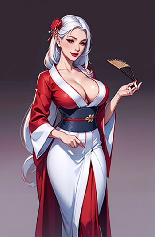 1girl, solo, japanese_clothes, long_hair, kimono, hand_fan, red_eyes, full_body, hair_ornament, makeup, downblouse, Very_low_claveage, showing_very_large_breasts, transparent_background, very_long_hair, lipstick, hair_stick, holding, folding_fan, wide_sleeves, white_hair, flower, red_lips, sash, personification, standing, jewelry, hair_flower, holding_fan, hair_rings, obi, long_sleeves, white_kimono, (8k, Best Quality, Masterpiece:1.2), (Realistic, Photorealistic:1.37), Ultra Detail, 1 Girl,Cute,Solo,Beautiful Detailed Sky,Date,(Blush),(Smile:1.15),(Closed Mouth)Very Large Breasts,Beautiful Detailed Eyes,(Long Hair: 1.2),Floating Hair NovaFrogStyle, Upper Body,