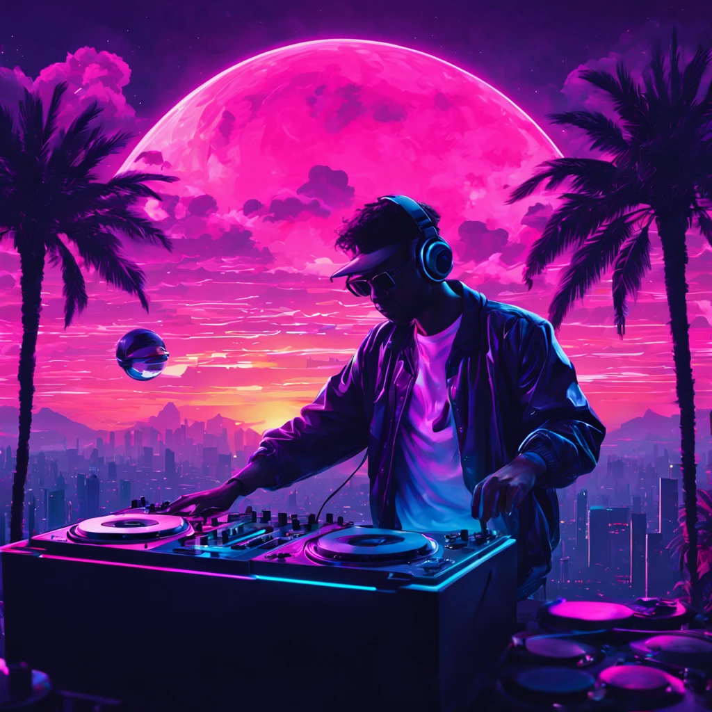 "best quality,4k,8k,highres,masterpiece:1.2,ultra-detailed,realistic:1.37,vivid colors,bokeh,HDR,UHD,studio lighting,ultra-fine painting,sharp focus,physically-based rendering,extreme detail description,professional"

Vaporwave Aesthetic style, silhouette of a DJ, lines and lines, silhouette of several musical notes suspended in the air and (an eighties DJ and his Pioneer dj set), vintage, magic, portraits, landscape, photography, concept artists, neon lights, pastel colors, dreamlike atmosphere, retro-futuristic vibes, digital glitch art, holographic effects, floating clouds, reflecting surfaces, chrome elements, 80s arcade game graphics, palm trees, pink and purple color scheme, city skyline, glowing sunsets, geometric shapes, pixel art, surrealistic elements, cyberpunk influences, nostalgic vibes, cassette tapes, psychedelic visuals, surreal landscapes, glitched-out visuals, vibrant and saturated colors, surreal sunsets, dreamy clouds, sunrays filtering through clouds, sparkling stars, disco ball, groovy beats, nostalgic atmosphere, nostalgic music, ethereal and magical ambiance, retro synthesizers, glowing city lights, dynamic motion, intricate details, expression of escapism.