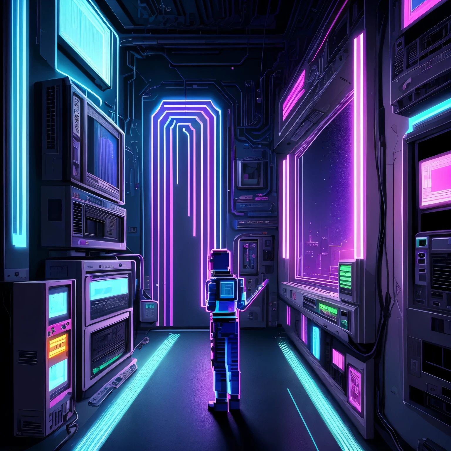 Pixel art, vaporwave aesthetics, artwork, a collection of heritage that was popular in the past but no longer exists, beta video tapes, cassette metal tapes, word processors, personal computers, Famicom, etc, uneven, uneven, unnatural, past and present, digital, art, galaxy, rainbow colors neon line light, image processing with mysterious effects, cyberpunk