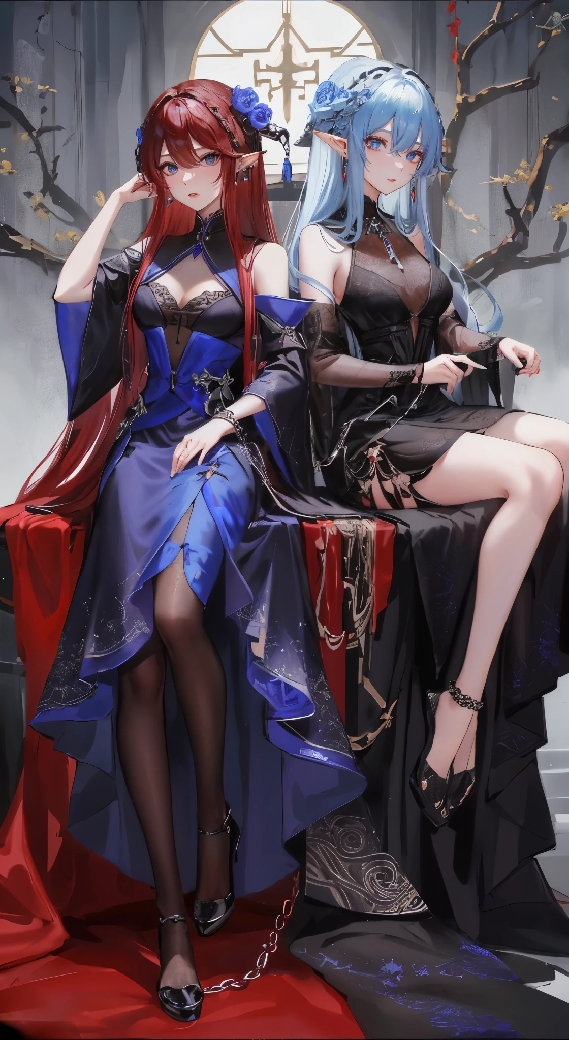 black红色短发,close up,dream world,Elf royal sister,Long dark red hair,Nice blue eyes,Prom Hall,grace,earrings,(荆棘earrings,Thorn Head Chain),necklace,humanoid, Prom background,Baroque, her skin is white, fair complexion,(red evening dress,black色的火焰与荆棘,Thorn Dress),black色玫瑰,black,black,High heel,