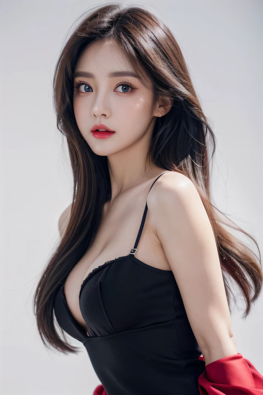 a woman, beautiful, amazing face and eyes, cosmetic, (backlessoutfit),(Extremely detailed beautiful face),(best quality), (Super detailed), (Extremely detailed CG unified 8k wallpaper),original photo, Professional photography, (standing), (White background),(black hair),(big eyes),(Soft light source),(A little cleavage),red glossy lips,