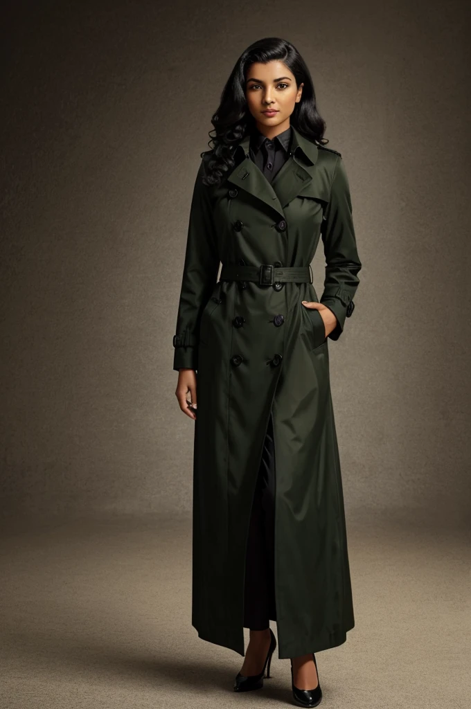 female wearing a black closed buttoned up black trench coat from the 1930's style, 5 foot 5 inches tall, slim body build, waist-length wavy brunette black hair, bright green eyes, 28 age, ethnicity india, ethnicity middle eastern.