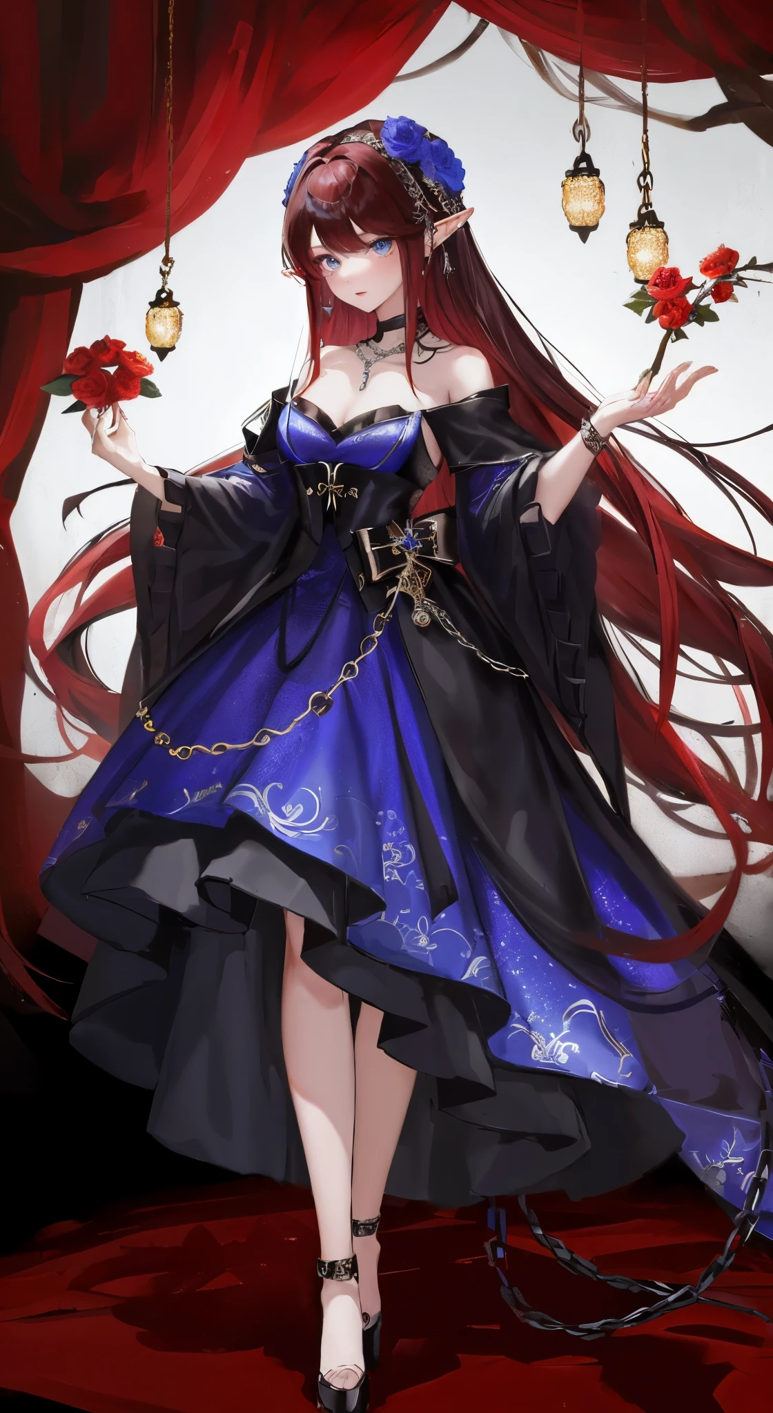 black红色短发,close up,dream world,Elf royal sister,Long dark red hair,Nice blue eyes,Prom Hall,grace,earrings,(荆棘earrings,Thorn Head Chain),necklace,humanoid, Prom background,Baroque, her skin is white, fair complexion,(red evening dress,black色的火焰与荆棘,Thorn Dress),black色玫瑰,black,black,High heel,