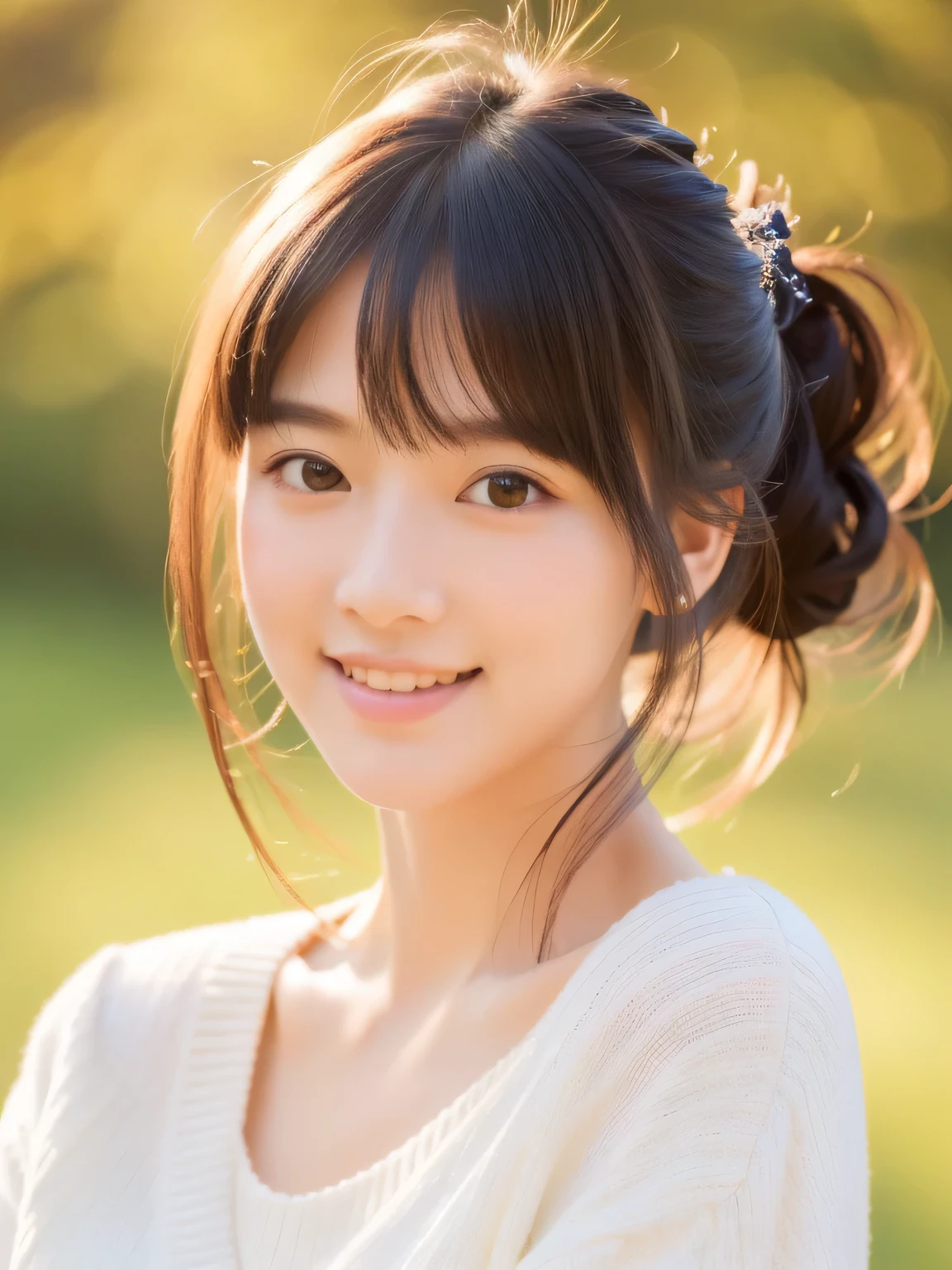masterpiece, highest quality, RAW photo, realistic, smile, beautiful girl, cute, delicate girl, hair up, written boundary depth, High resolution, Super detailed, detailed, 非常にdetailedな目と顔, realistic student, sharp focus, cinematic lighting, Upper body, bangs, knit sweater,