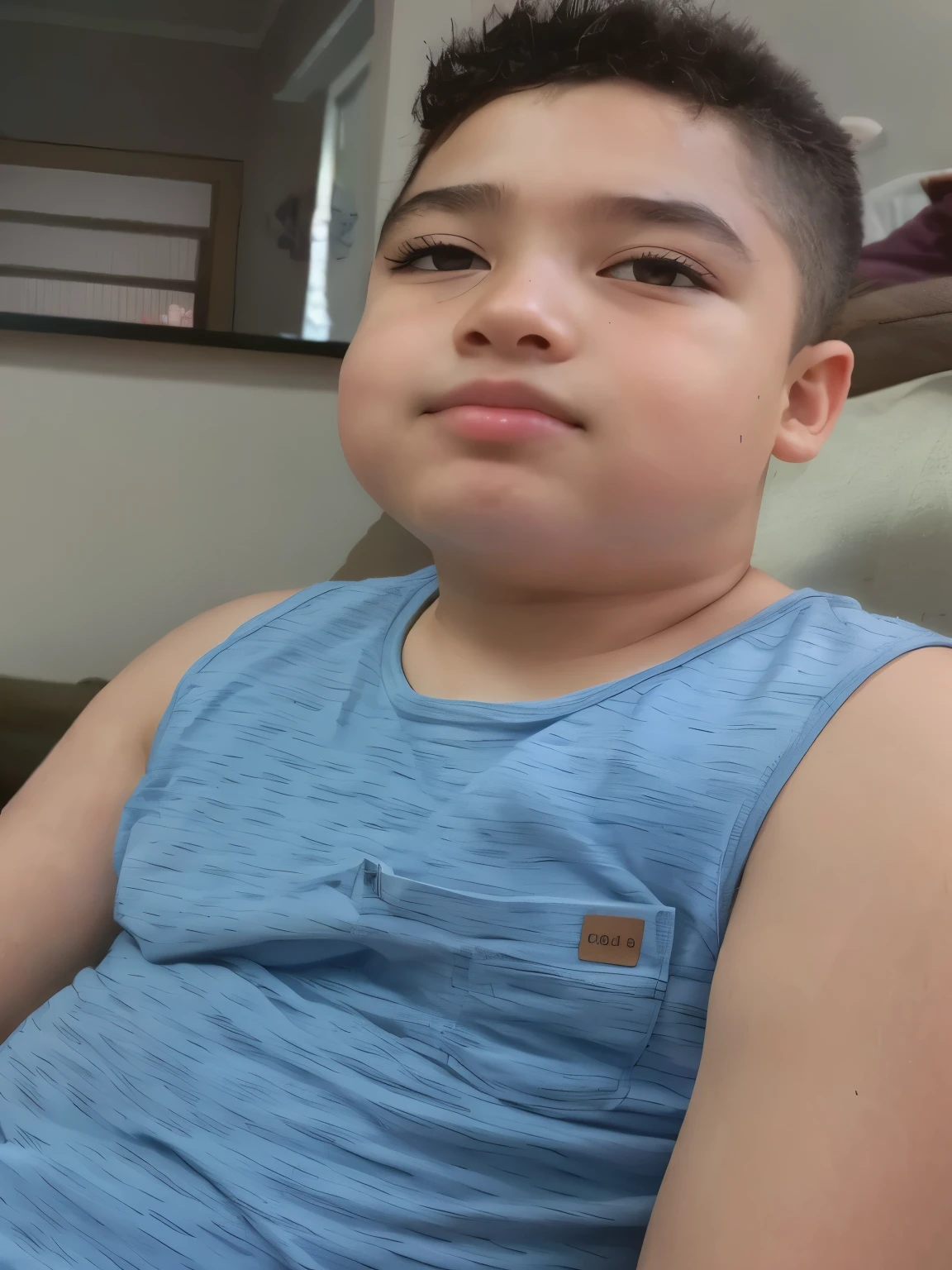 Little fat boy, short hair and round glasses
