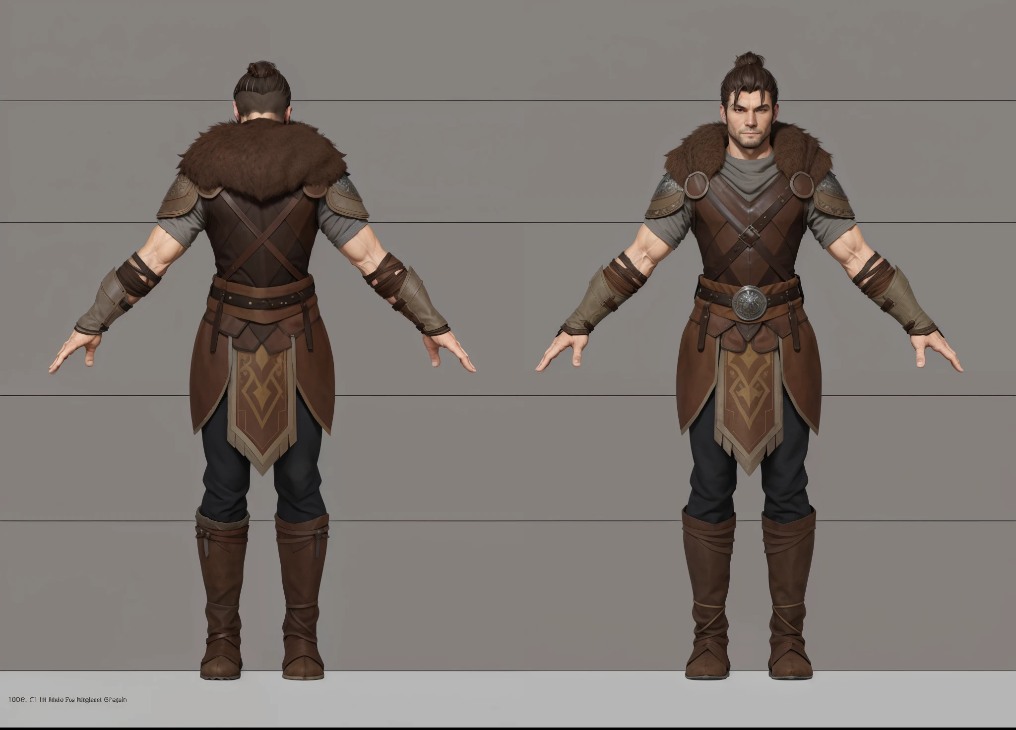( Realistic:1.33),(masterpiece:1.1),(highest quality:1.1),(HDR:1) a close up of a man with slickback with bun hair , full body concept, detailed full body concept, medieval style character, full body character concept, new costume concept design, full body details, detailed full body concept art, full character body, character model sheet turnaround, fullbody shot turnaround, concept character sheet, full body concept art, reference model sheet , full body concept art, hunter medieval style character, game character design, concept character, full body character concept art, 3d character reference sheet, male, video game character concept, detailed character design, character sheet, character model sheet turnaround , front and back, front and back, medieval wood armor, brown costume, ragged loincloth, ( brown fur), (Medieval glove), blown sleeve, waist leather armor, brown Shoulder Armor, grey clean background, 3D character