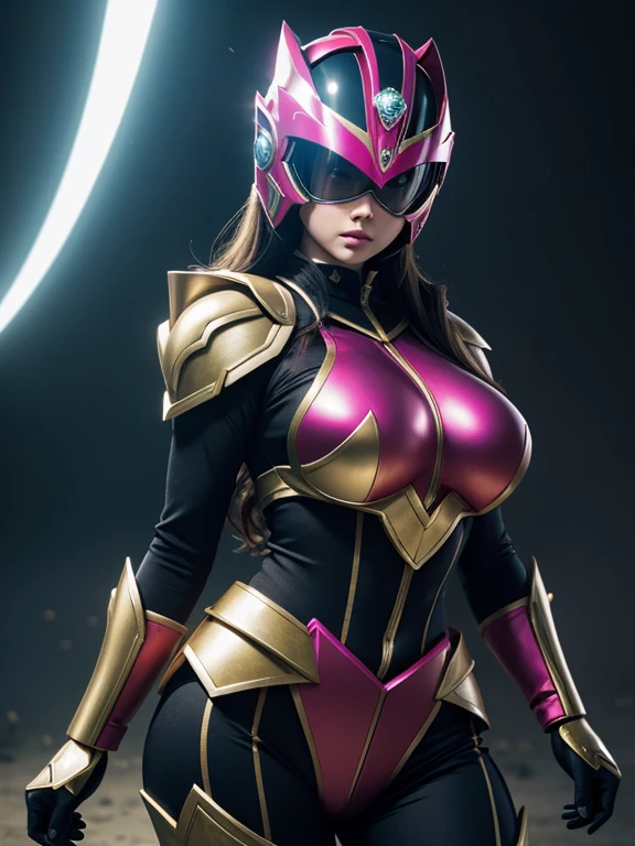 A busty girl cosplay power rangers wearing helmet,bigtits giganticboobs,busty,bigass,very detailed skin texture, sharp eyes,dark background with light from the left side, hyper realistic, HD image