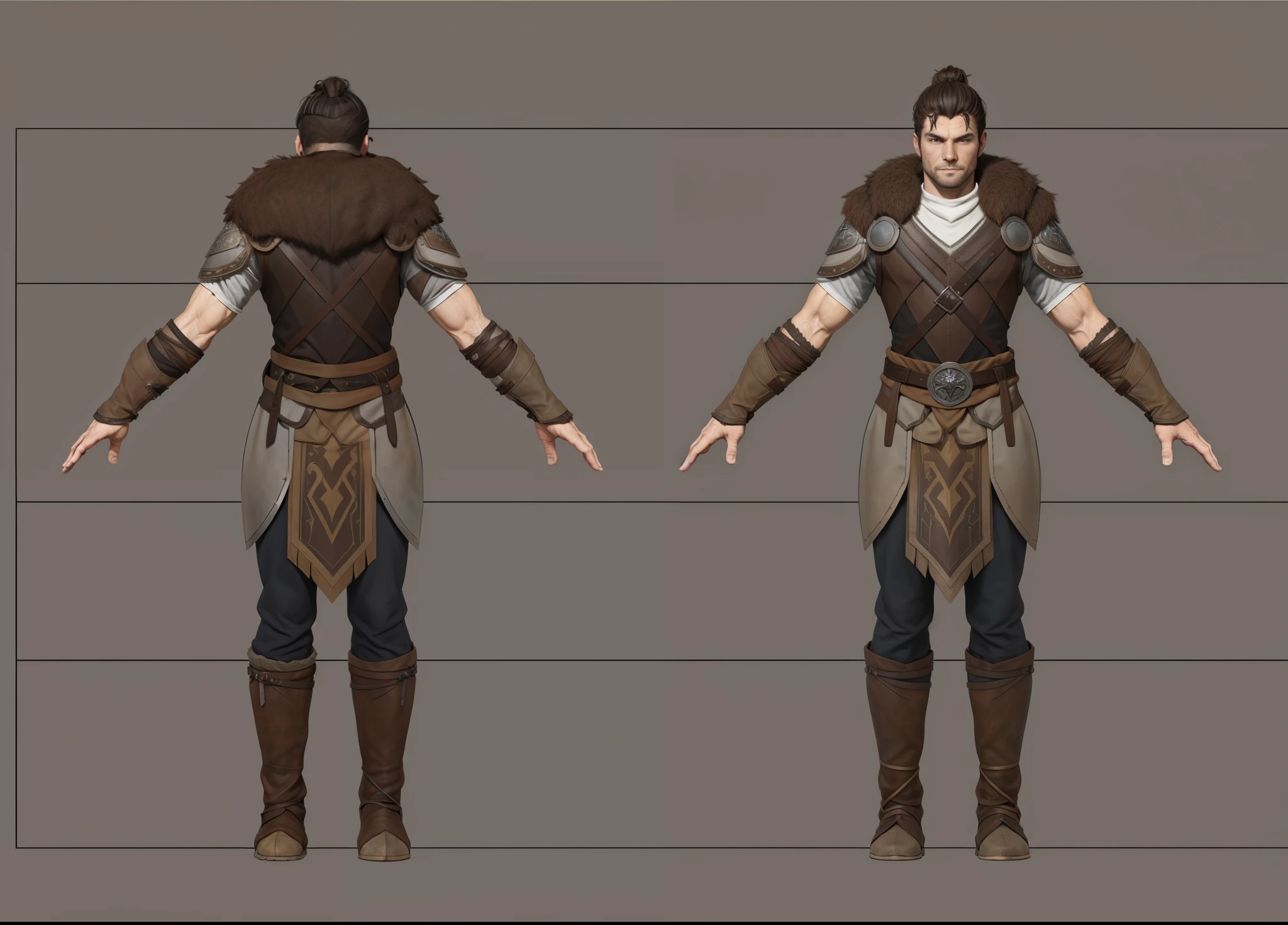 ( Realistic:1.33),(masterpiece:1.1),(highest quality:1.1),(HDR:1) a close up of a man with slickback with bun hair , full body concept, detailed full body concept, medieval style character, full body character concept, new costume concept design, full body details, detailed full body concept art, full character body, character model sheet turnaround, fullbody shot turnaround, concept character sheet, full body concept art, reference model sheet , full body concept art, hunter medieval style character, game character design, concept character, full body character concept art, 3d character reference sheet, male, video game character concept, detailed character design, character sheet, character model sheet turnaround , front and back, front and back, medieval wood armor, brown costume, ragged loincloth, ( brown fur), (Medieval glove), blown sleeve, waist leather armor, brown Shoulder Armor, grey clean background, 3D character