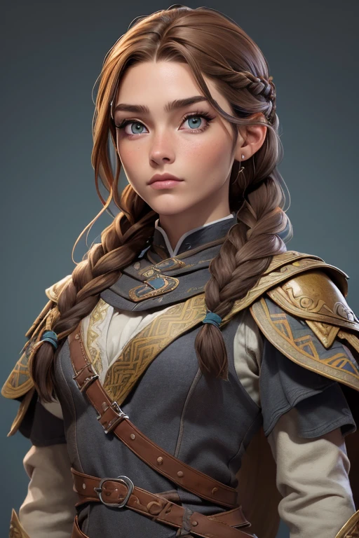 (Obra maestra, La mejor calidad) (young warrior woman of nordic descent), (ojos verdes), (Muscular), (falda de piel), (brown hair color),(loose hair with small braids on the scalp), (top con correa de cuero) plumas, capa sobre el hombro, bufas, (azul, gray and brown suit).
