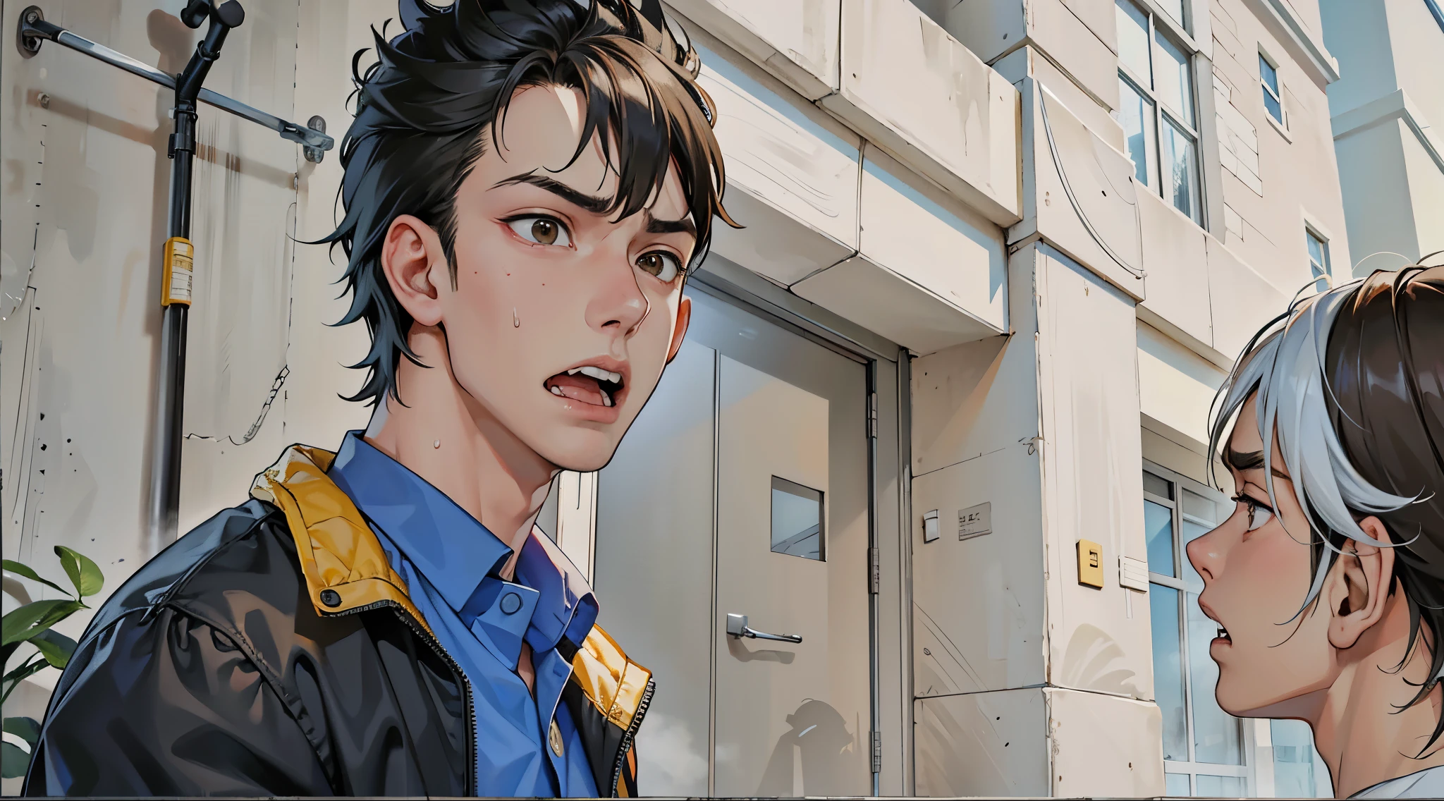 He is upset, angry and yells at the other to leave. There are two 14-year-old boys, one in front of the other, asking him to leave.
