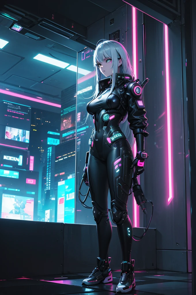 absurdres, highres, reflection, refraction:1.4, ultra detailed:1.4, (photorealistic:1.4, ultra high res, RAW photo), BREAK (cyberpunk:1.3), Android, robot_girl, silver hair, beautiful face with cool expression, In the dark decaying ruins, (super wide angle:1.2), shot from below BREAK ((neon lighting, vibrant glow, dynamic colors, striking contrast, futuristic vibe, electric energy, reflective surfaces))