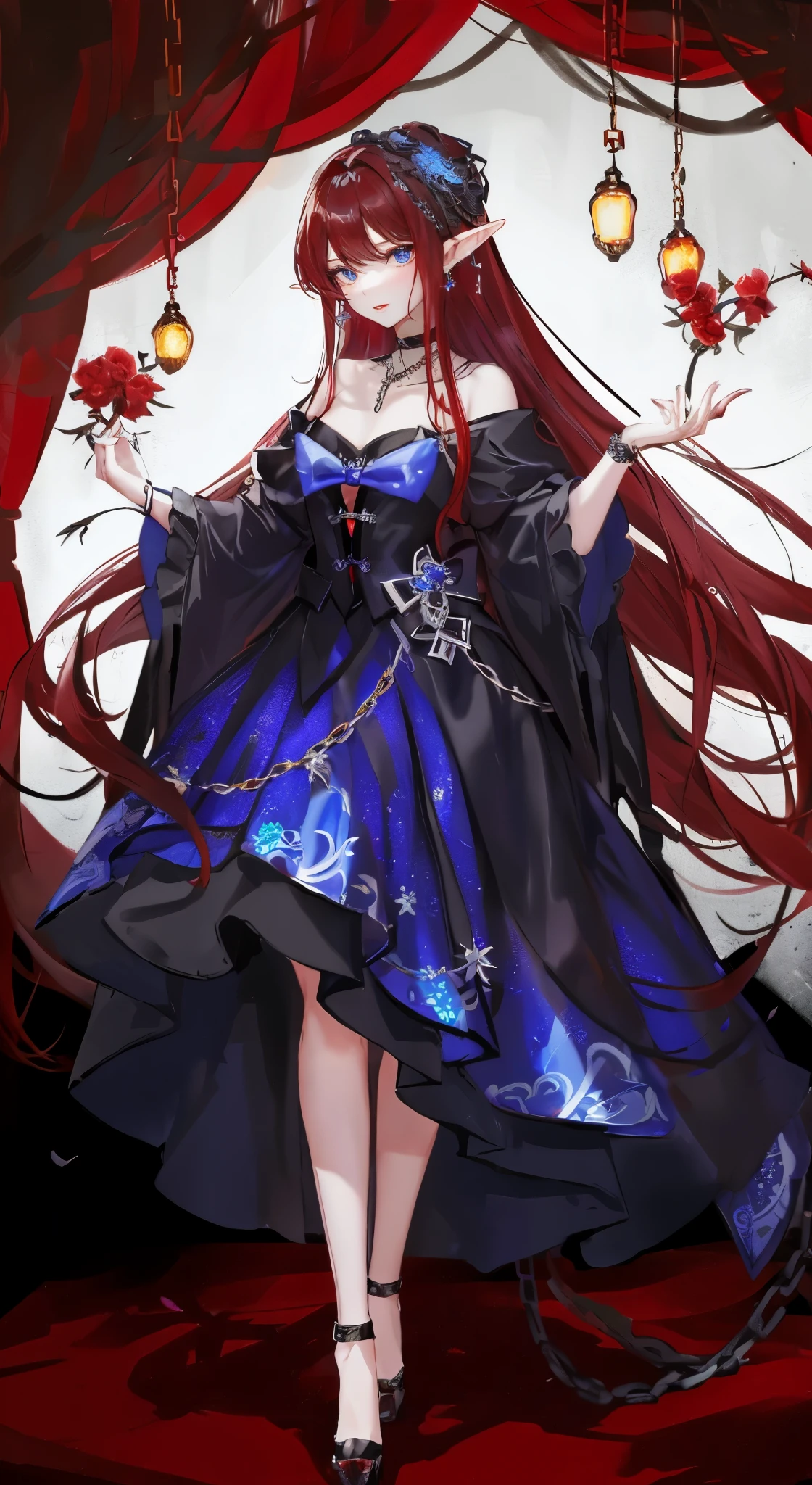 black红色短发,close up,dream world,Elf royal sister,Long dark red hair,red lips,Nice blue eyes,Prom Hall,grace,earrings,(荆棘earrings,Thorn Head Chain),necklace,humanoid, Prom background,Baroque, her skin is white, fair complexion,(red evening dress,black色的火焰与荆棘,Thorn Dress),black色玫瑰,black,black,High heel,
