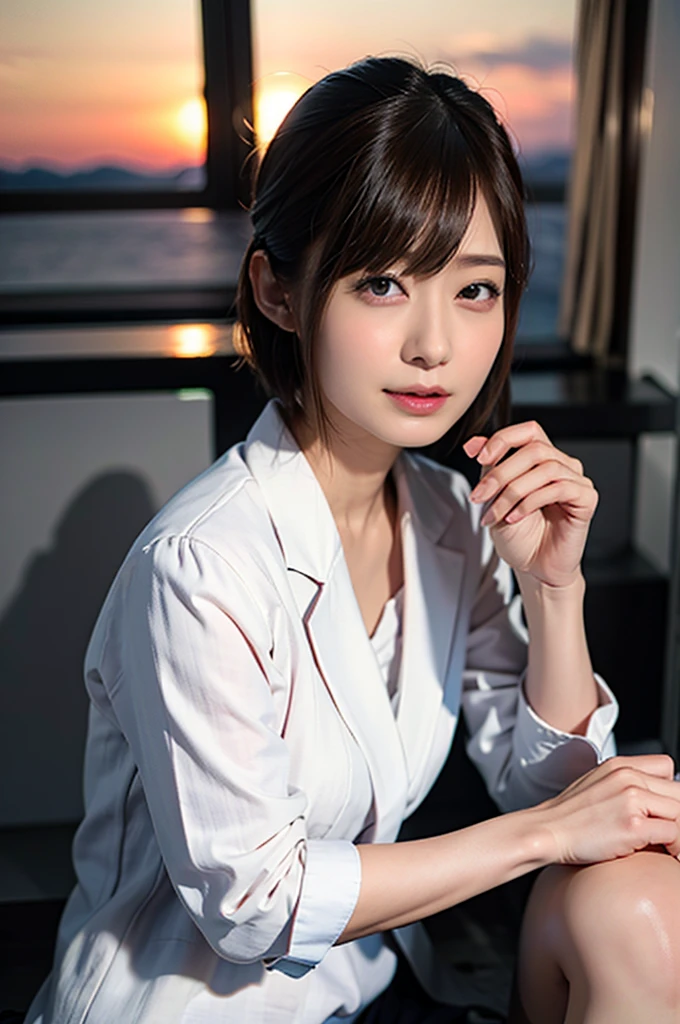 (8K、highest quality、master piece:1.2)、(realistic、フォトrealistic:1.2)(Super detailed、High resolution)Mastepia、highest quality、japanese girl、1 girl、8K、Raw photo、highest quality、 Mastepia、nffsw:1.2、Highly detailed RAW color photos、professional grade photos、(real、フォトrealisticです:1.37)、(highly detailed skin:1.2)、超High resolutionな、(lens 50mm)、delicate eyes、looking at viewer、1 girl(Many elderly people:1.4)、Face beautiful、cute、(smile:1.05)、(30 years old、wide hips、straight hair、(short hair)、black eye、white fine skin、small mouth、high cheekbones (definition)、suit、highest quality:1.3)、(Super detailedな 8K cg:1.2)、(ハイパーrealistic:1.35)、(フォトrealisticです:1.45)、(realistic:1.4) 、cowboy shot、美しい日本の1 girl、(sitting at the desk:1.1)(full body image)(female teacher illustration:1.4)(school classroom、By the window、A view of the schoolyard from the window、sunset)Negative Prompts