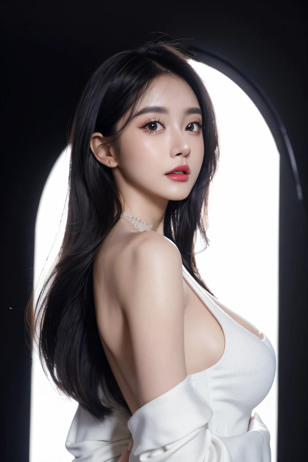 a woman, beautiful, cosmetic, (backlessoutfit),(Extremely detailed beautiful face),(best quality), (Super detailed), (Extremely detailed CG unified 8k wallpaper),original photo, Professional photography, (standing), (White background),(black hair),(big eyes),(Soft light source),(A little cleavage),red glossy lips,White skin