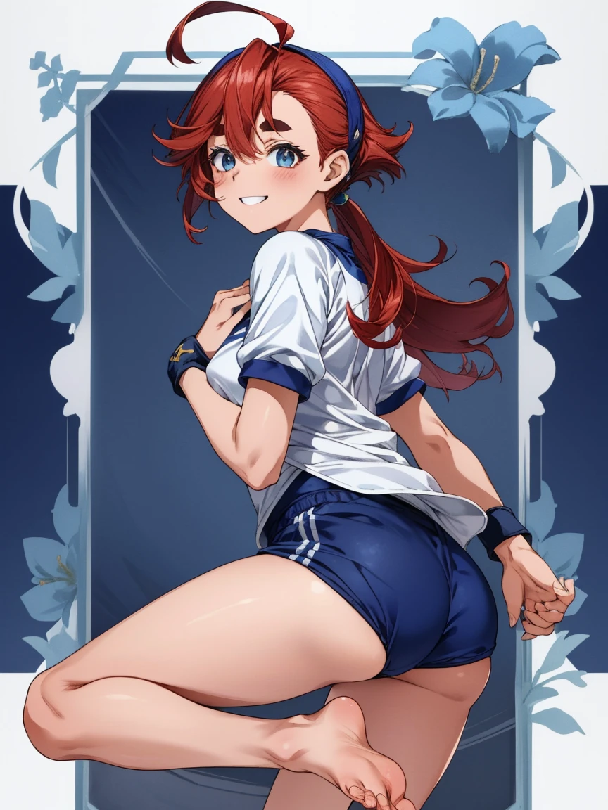 table top、highest quality、table top、high detail、be familiar with face、be familiar with eyes、rendered eyes、perfect eyes、clear image、be familiar with、wonderful、8K、8k wallpaper、8k background、high definition skin、High resolution、1 girl、smile、(White short-sleeved gym clothes with navy blue cuffs:1.3)、(navy blue bloomers:1.3)、(volleyball uniform)、(barefoot:1.3)、dark blue socks、big smile、backwards、sexy pose、look back、butt sticking out、ground、schoolyard、((redhead、Ahoge、blue eyes))