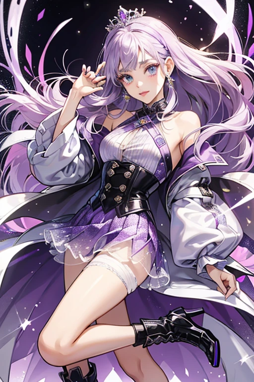 Her eyes are brown and a bit of iridescent rainbow color, and she has long lilac hair that is styled straight. She uses mixed lilac eyeshadow with silver eyeliner and her lips are a soft lilac color. she wears a sparkly jacket colored lilac, matching her hair. For her top she wears a sheer transparent sparkly top with multiple patterned lines. Her black leather skirt is embedded with jewels, and they are patterned in two straight lines with some of the diamonds going behind her skirt. She wears tall lilac colored leather boots with tiny silver details and black heels. Along with this, she has silver brackets and rings along with a silver tiara. GLITTER