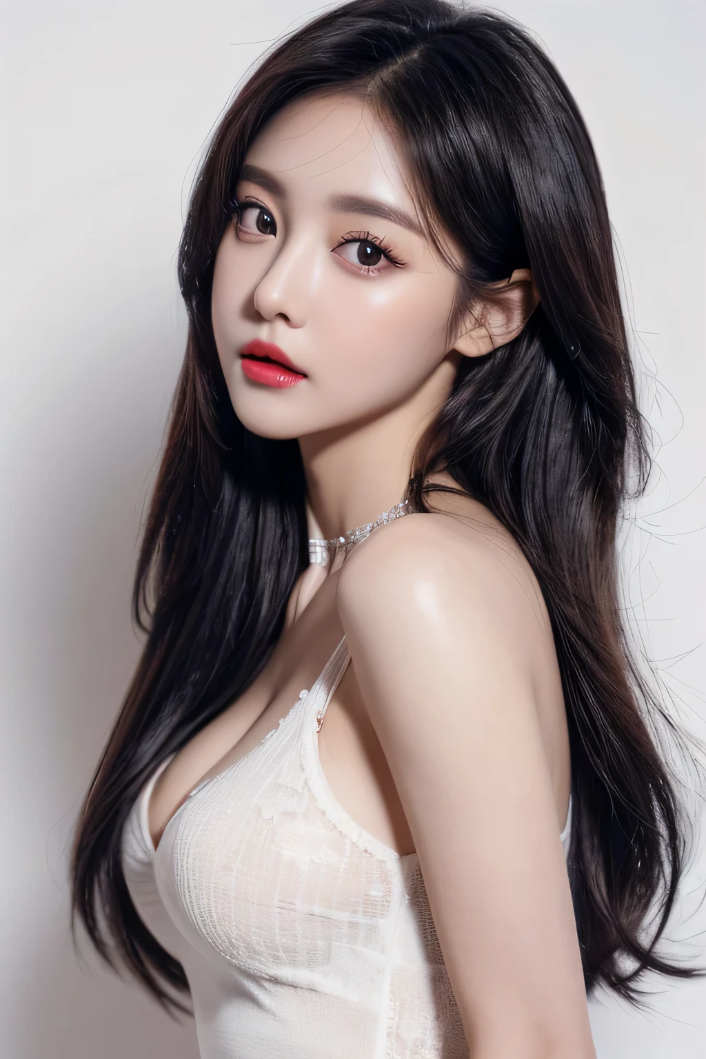 a woman, beautiful, cosmetic, (backlessoutfit),(Extremely detailed beautiful face),(best quality), (Super detailed), (Extremely detailed CG unified 8k wallpaper),original photo, Professional photography, (standing), (White background),(black hair),(big eyes),(Soft light source),(A little cleavage),red glossy lips,White skin