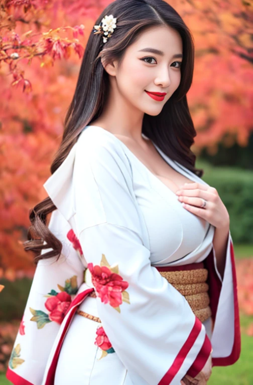 1girl, solo, japanese_clothes, long_hair, kimono, hand_fan, red_eyes, full_body, hair_ornament, makeup, downblouse, Very_low_claveage, showing_very_large_breasts, transparent_background, very_long_hair, lipstick, hair_stick, holding, folding_fan, wide_sleeves, white_hair, flower, red_lips, sash, personification, standing, jewelry, hair_flower, holding_fan, hair_rings, obi, long_sleeves, white_kimono, (8k, Best Quality, Masterpiece:1.2), (Realistic, Photorealistic:1.37), Ultra Detail, 1 Girl,Cute,Solo,Beautiful Detailed Sky,Date,(Blush),(Smile:1.15),(Closed Mouth)Very Large Breasts,Beautiful Detailed Eyes,(Long Hair: 1.2),Floating Hair NovaFrogStyle, Upper Body, 