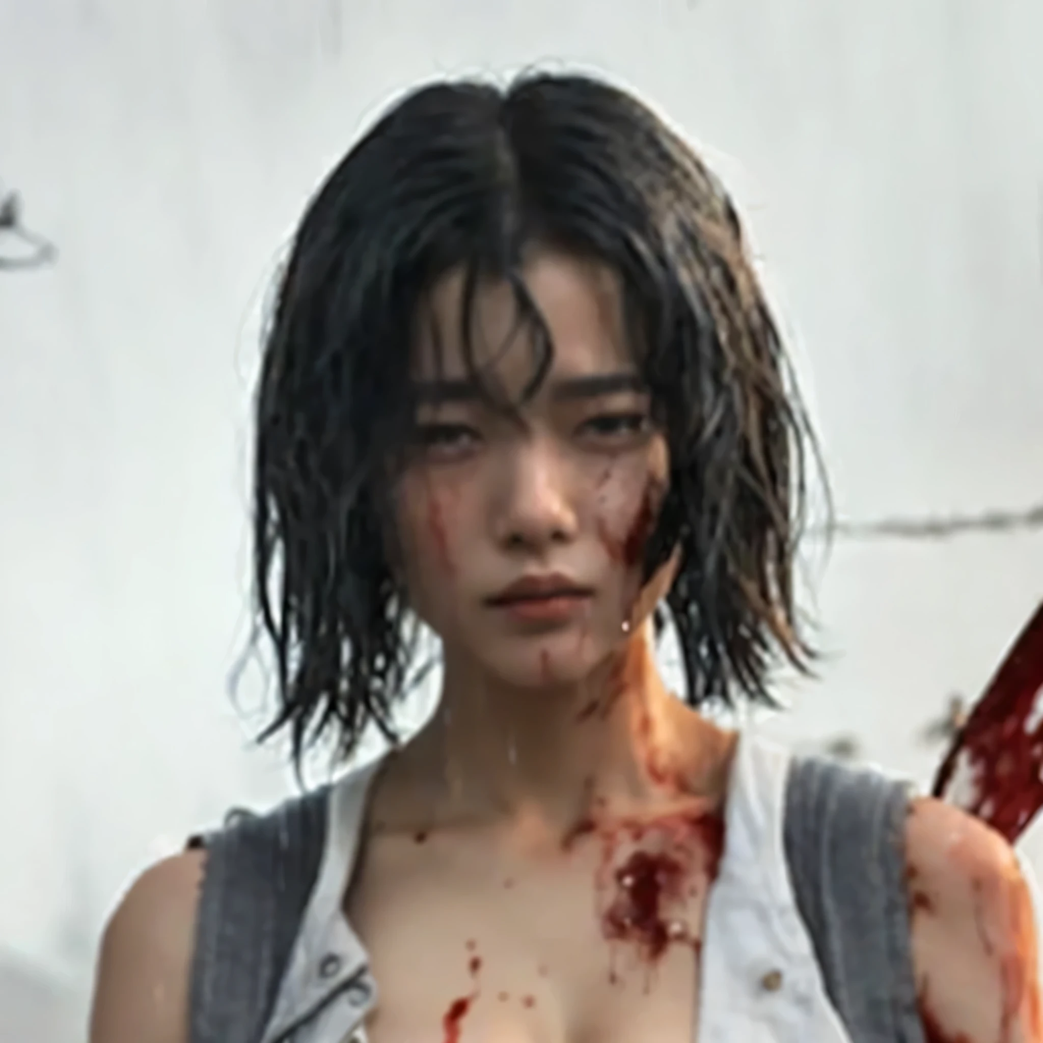 a zombie woman. Gray skin color, short and disheveled hair, medium breasts, round butt, wearing torn shorts and a torn shirt stained with blood.