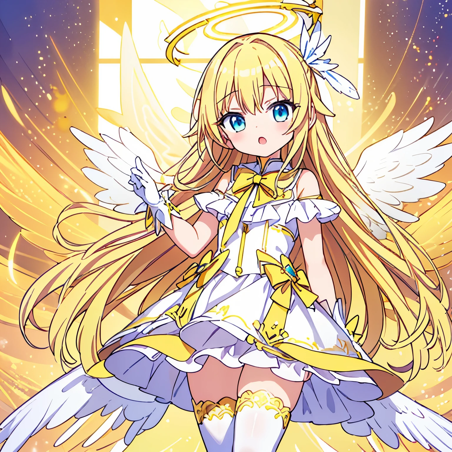 Little girl,Open your mouth,long blonde hair,Golden angel halo,White tights,Yellow and white striped stockings,白色feather靴子,white gloves,Golden angel wings,feather,paradise background,Glare background,The background glows,White boots