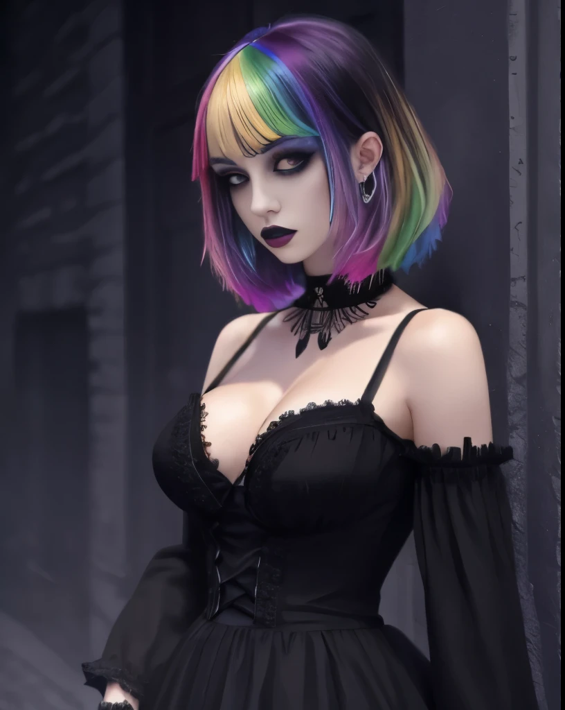 1girl, solo, goth , emo hair with long sides, short hair, eyeshadow, dress with sleeves, mascara, color: spectrum, vivid colors, rainbow hair , black eyes, dark eyes, medium breasts, outdoors  , highly detailed portrait, cute, large breasts, full body view