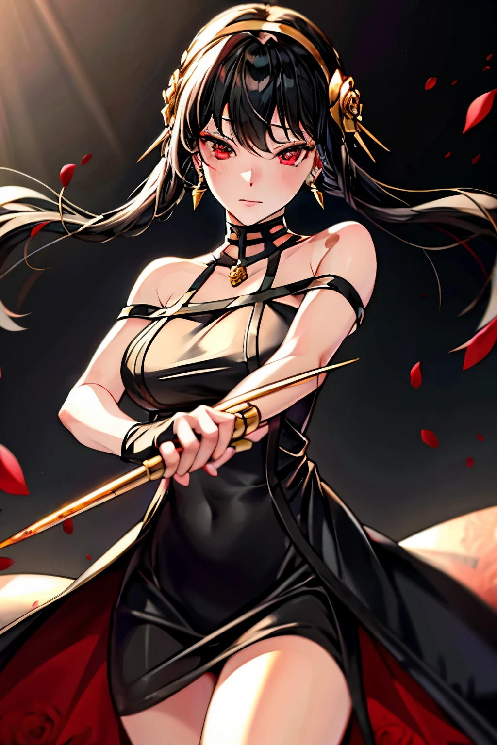 yor briar, 1girl, backlighting, bare shoulders, black background, black dress, black gloves, black hair, blood, blood on face, blood on weapon, breasts, closed mouth, cowboy shot, dress, earrings, expressionless, fingerless gloves, floating hair, floral print, flower, gloves, gold earrings, gold hairband, hair flower, hair ornament, hairband, holding, holding weapon, jewelry, large breasts, light particles, long hair, looking at viewer, off-shoulder dress, off shoulder, petals, red eyes, rose, rose petals, rose print, short hair with long locks, sidelocks, solo, spikes, thighs, two-sided dress, two-sided fabric, weapon , ((masterpiece)) 