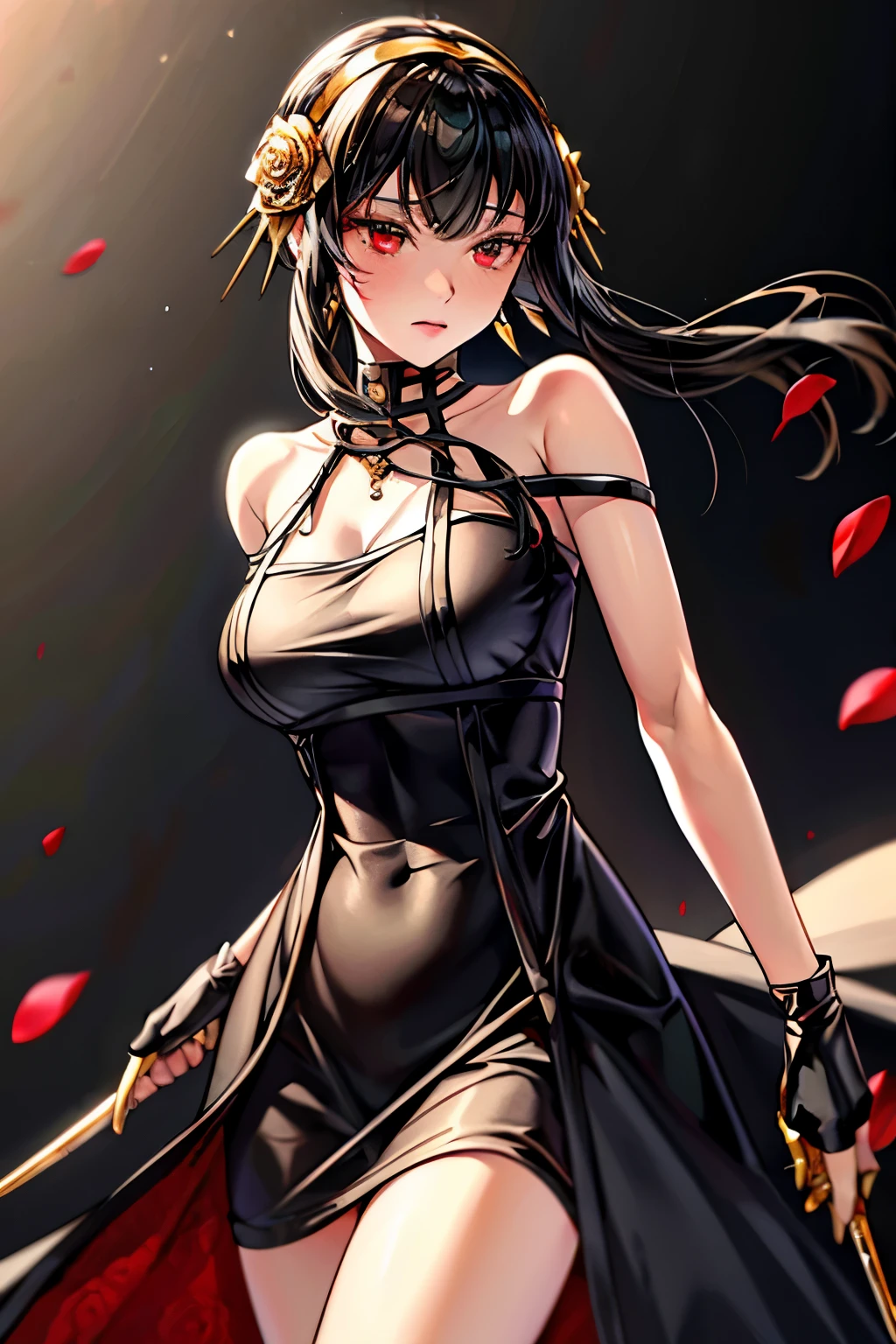 yor briar, 1girl, backlighting, bare shoulders, black background, black dress, black gloves, black hair, blood, blood on face, blood on weapon, breasts, closed mouth, cowboy shot, dress, earrings, expressionless, fingerless gloves, floating hair, floral print, flower, gloves, gold earrings, gold hairband, hair flower, hair ornament, hairband, holding, holding weapon, jewelry, large breasts, light particles, long hair, looking at viewer, off-shoulder dress, off shoulder, petals, red eyes, rose, rose petals, rose print, short hair with long locks, sidelocks, solo, spikes, thighs, two-sided dress, two-sided fabric, weapon , ((masterpiece))