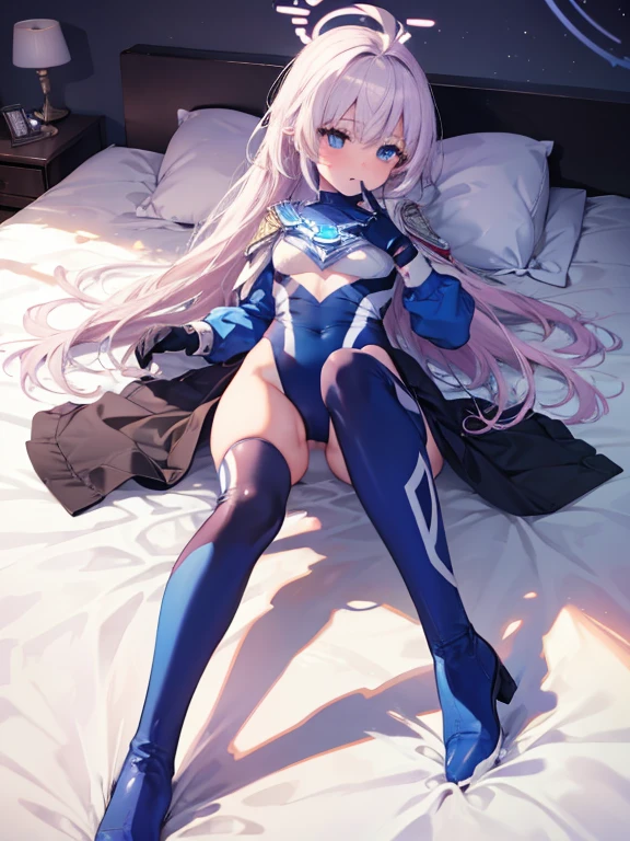 highest quality,sleep on your back in bed，Crab crotch，show me your boots，Leotard sneak peek，glove，elegant, 1 girl, ultraman bodysuit ，cute, blushed, looking at the viewer, from below, prison，blue eyes, beautiful eyes, beautiful background, particles of light, Light of the sun, dramatic lighting, outside, shiny, realistic, table top, highest quality, Super detailed, get used to it, scenery, beautiful and detailed eyes, thin hair，full body shot，