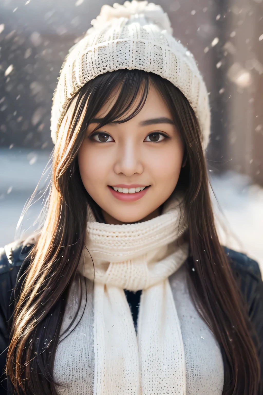 ((Kamimei、Tight knit、big and full breasts))、(realistic、Photoreal、Super detailed、best detailed skins、highest quality、masterpiece、ultra high resolution)、cute japanese woman、16 years old、high school girl、young girl、light makeup、no makeup、1 girl、have bangs、double eyelid、drooling eyes、Japanese style face、Rustic face、watch here、realistic肌タイプ、Thick gray muffler、fluffy hair、hair bulging with a scarf、Hair overflowing from scarf、red cheeks、the wind is blowing、that&#39;It&#39;s snowing、illumination、Light is coming in from behind、knit hat、smile