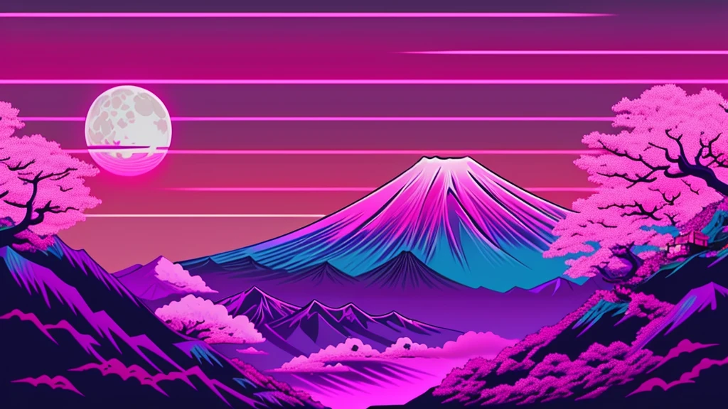 Fuji Mountain, cherry blossoms, moon, Ukiyo-e, Vaporwave, vectorized, synthwave, purple pink light blue, bright neon colors on a dark background,