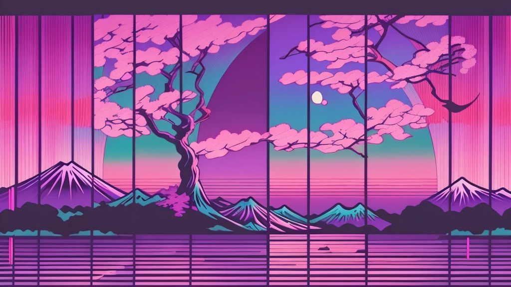 Fuji Mountain, cherry blossoms, moon, Ukiyo-e, Vaporwave, vectorized, synthwave, purple pink light blue, bright neon colors on a dark background,