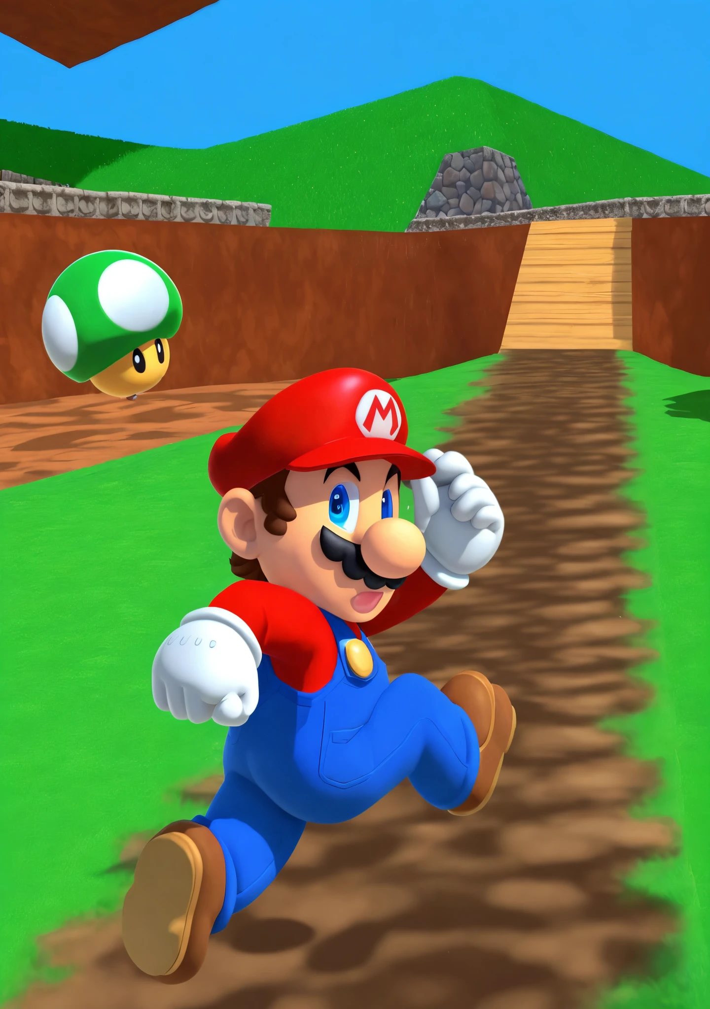 un primer plano de una nintendo mario corriendo en un campo, Super Mario 6 4, Super Mario 64, a bot in the game Super Mario 64, N64 Graphics, n 6 4 Graphs, Mario Dabbing, Nintendo 6 4 captura de pantalla, Nintendo 64 captura de pantalla, n64, n 6 4, inspirado por Mario Dubsky, Mundo Mario, hongo verde
