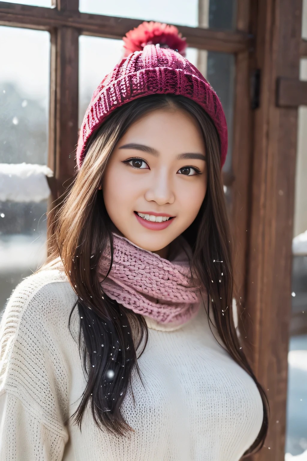 ((Kamimei、Tight knit、big and full breasts))、(realistic、Photoreal、Super detailed、best detailed skins、highest quality、masterpiece、ultra high resolution)、cute japanese woman、、high school girl、young girl、light makeup、no makeup、1 girl、have bangs、double eyelid、drooling eyes、Japanese style face、Rustic face、watch here、realistic肌タイプ、Thick gray muffler、fluffy hair、hair bulging with a scarf、Hair overflowing from scarf、red cheeks、the wind is blowing、that'It's snowing、illumination、Light is coming in from behind、knit hat、smile
